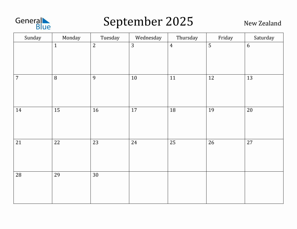 September 2025 monthly calendar with holidays in New Zealand