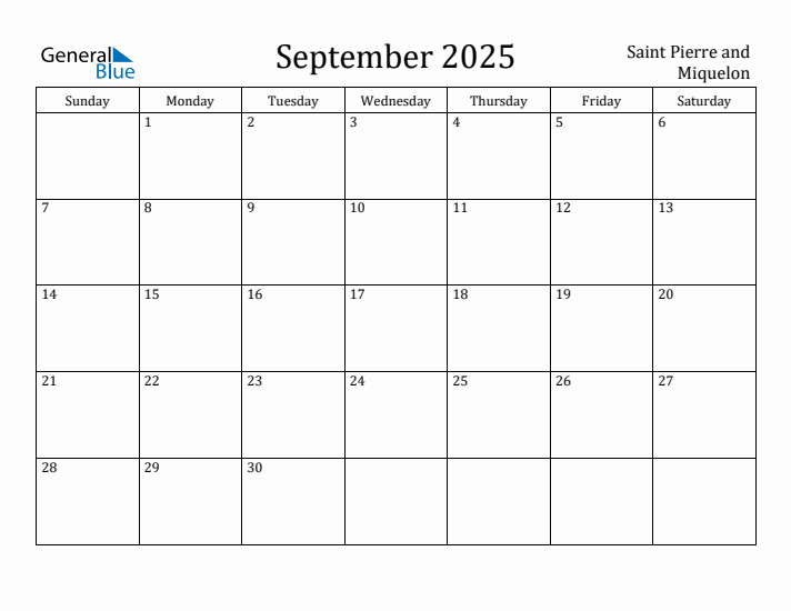 September 2025 Calendar Saint Pierre and Miquelon
