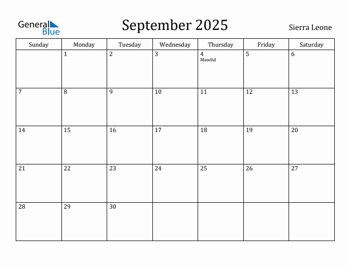 September 2025 Calendar Sierra Leone