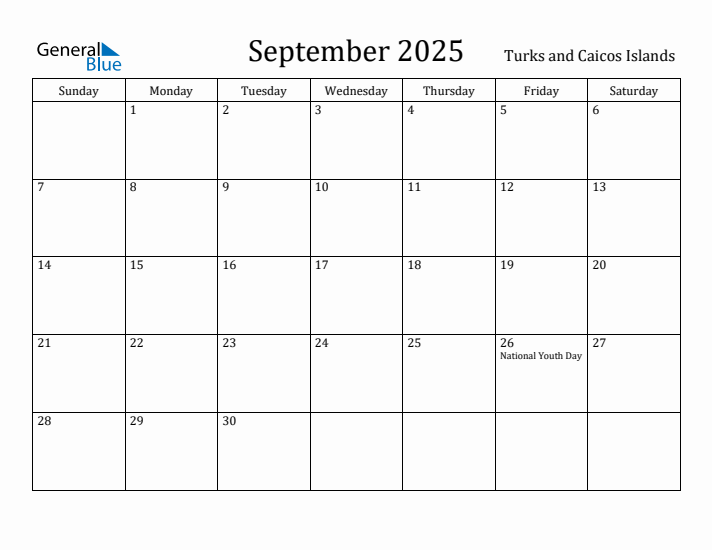 September 2025 Calendar Turks and Caicos Islands