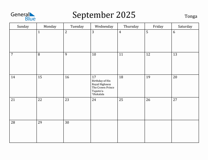 September 2025 Calendar Tonga