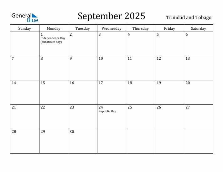September 2025 Calendar Trinidad and Tobago