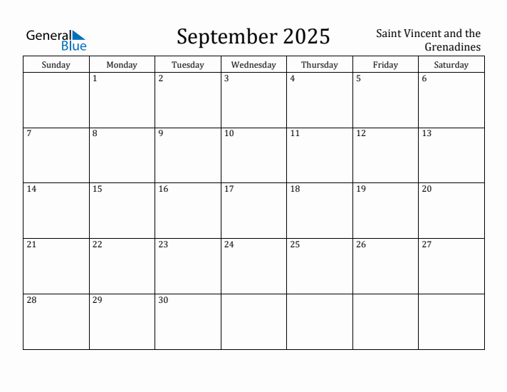 September 2025 Calendar Saint Vincent and the Grenadines