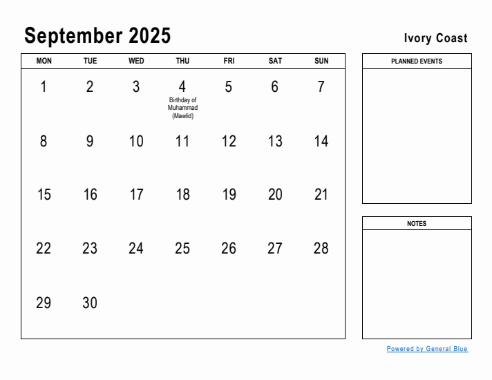 September 2025 Printable Monthly Calendar with Ivory Coast Holidays