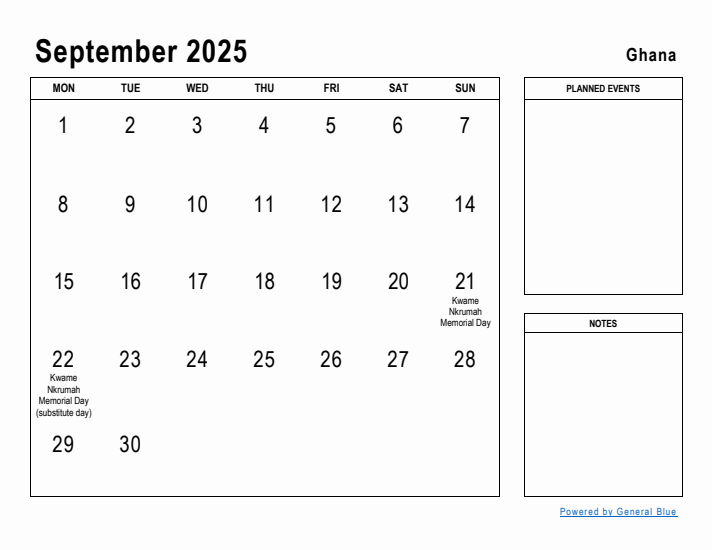 September 2025 Printable Monthly Calendar with Ghana Holidays