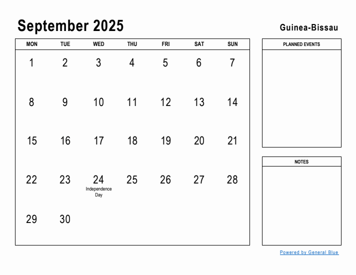 September 2025 Printable Monthly Calendar with Guinea-Bissau Holidays