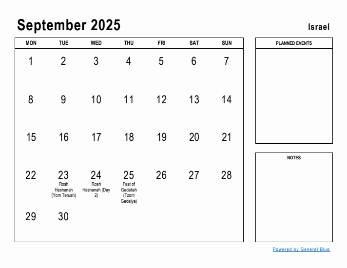 September 2025 Printable Monthly Calendar with Israel Holidays