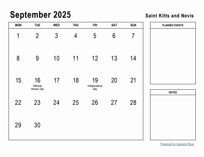 September 2025 Printable Monthly Calendar with Saint Kitts and Nevis Holidays