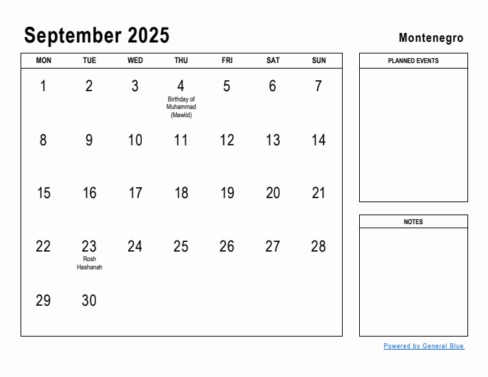 September 2025 Printable Monthly Calendar with Montenegro Holidays