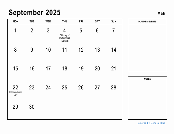 September 2025 Printable Monthly Calendar with Mali Holidays