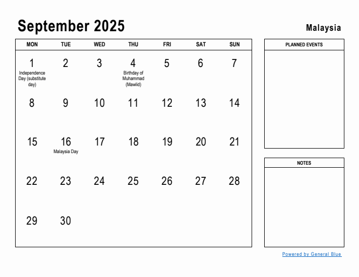 September 2025 Printable Monthly Calendar with Malaysia Holidays