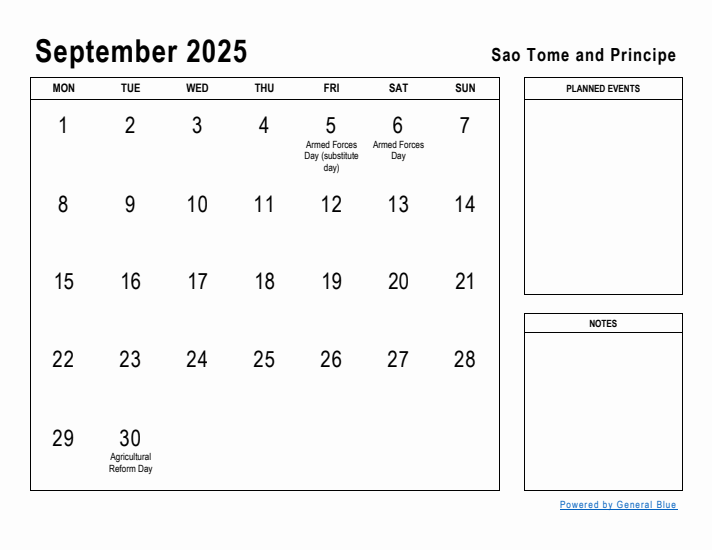 September 2025 Printable Monthly Calendar with Sao Tome and Principe Holidays