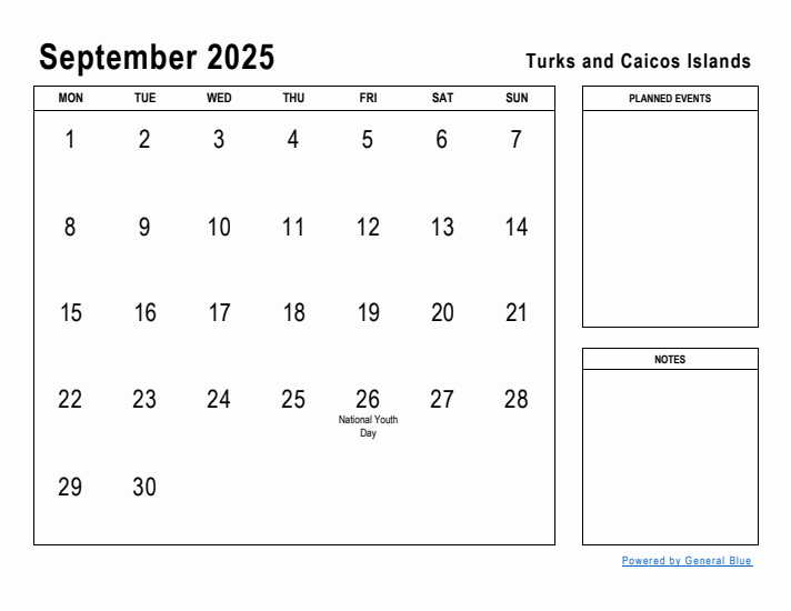 September 2025 Printable Monthly Calendar with Turks and Caicos Islands Holidays