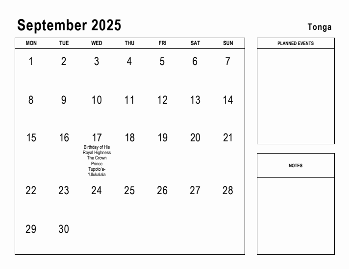September 2025 Printable Monthly Calendar with Tonga Holidays