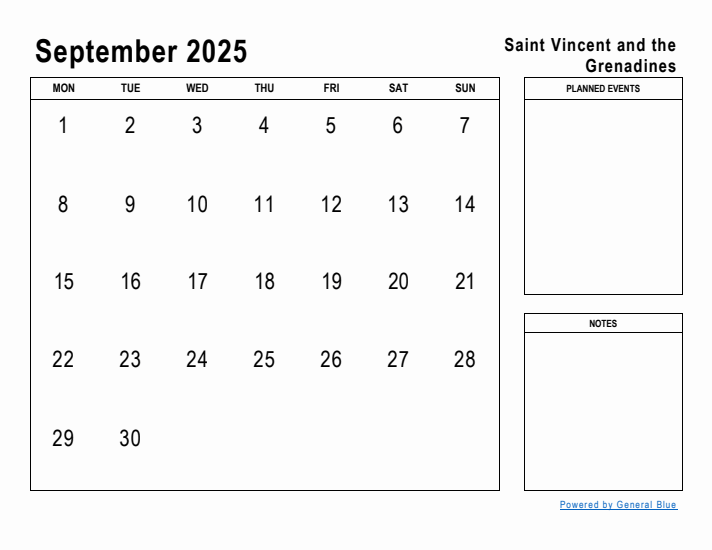 September 2025 Printable Monthly Calendar with Saint Vincent and the Grenadines Holidays