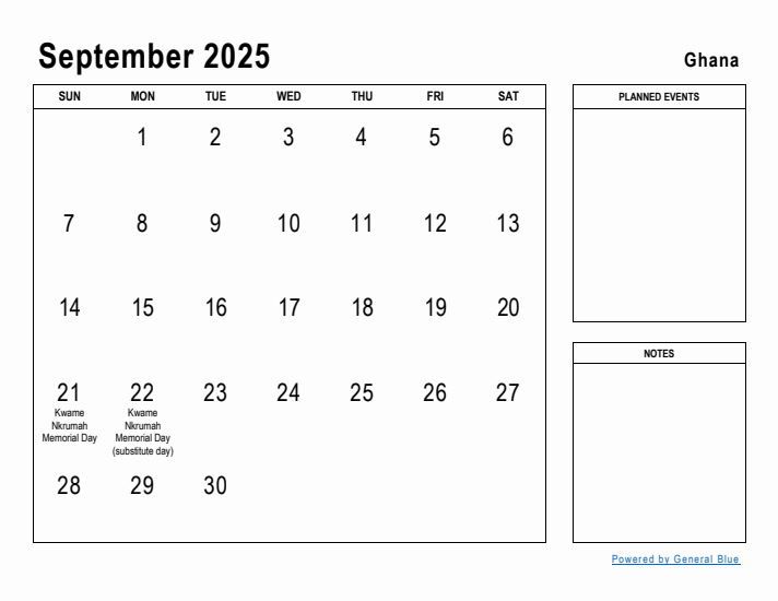 September 2025 Printable Monthly Calendar with Ghana Holidays