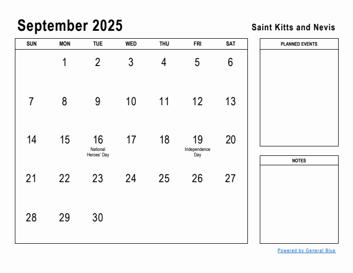 September 2025 Printable Monthly Calendar with Saint Kitts and Nevis Holidays