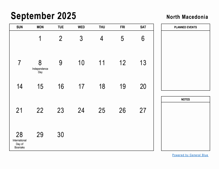 September 2025 Printable Monthly Calendar with North Macedonia Holidays