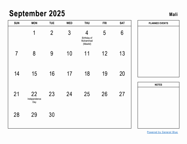 September 2025 Printable Monthly Calendar with Mali Holidays