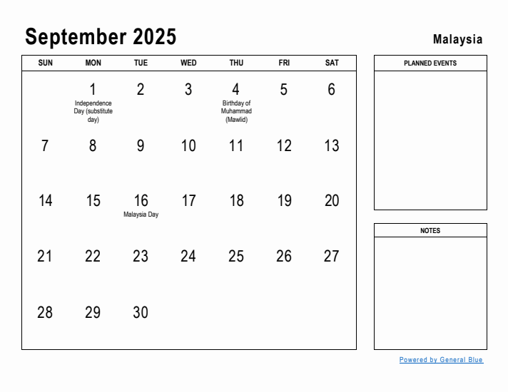 September 2025 Printable Monthly Calendar with Malaysia Holidays