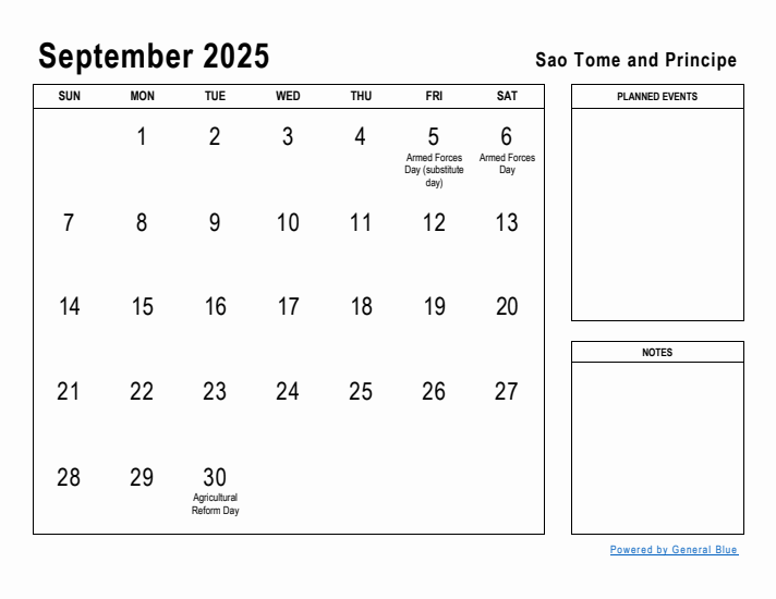 September 2025 Printable Monthly Calendar with Sao Tome and Principe Holidays