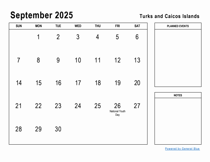 September 2025 Printable Monthly Calendar with Turks and Caicos Islands Holidays