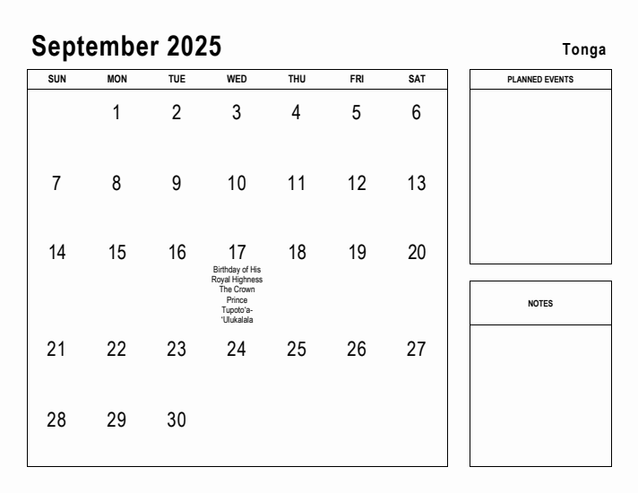 September 2025 Printable Monthly Calendar with Tonga Holidays