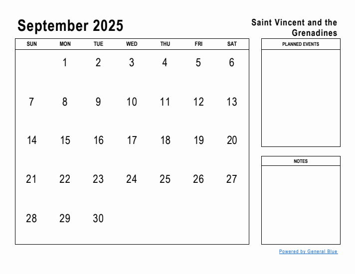 September 2025 Printable Monthly Calendar with Saint Vincent and the Grenadines Holidays