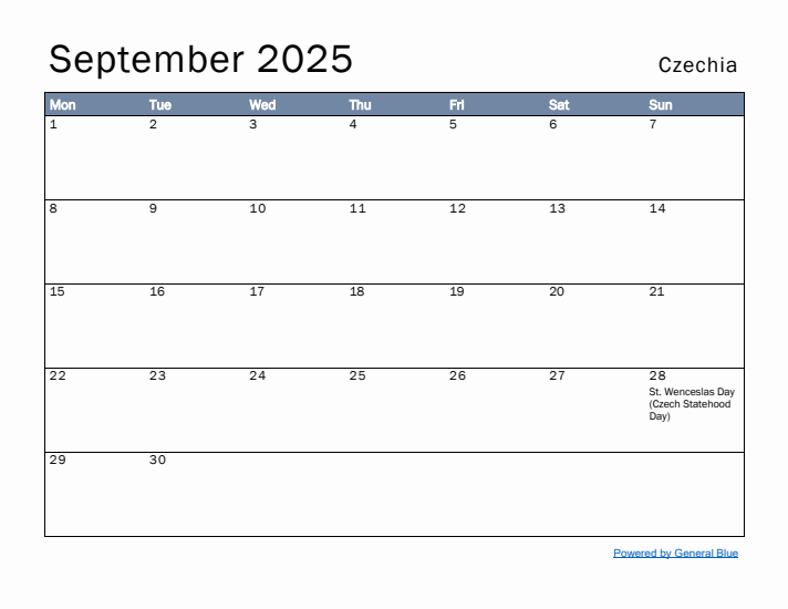 September 2025 Simple Monthly Calendar for Czechia
