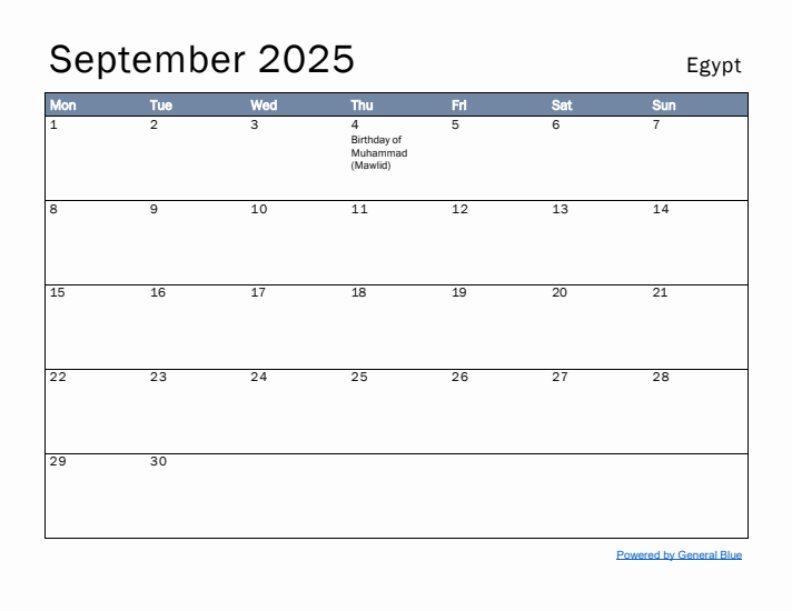 September 2025 Simple Monthly Calendar for Egypt