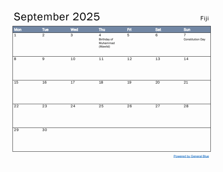 September 2025 Simple Monthly Calendar for Fiji