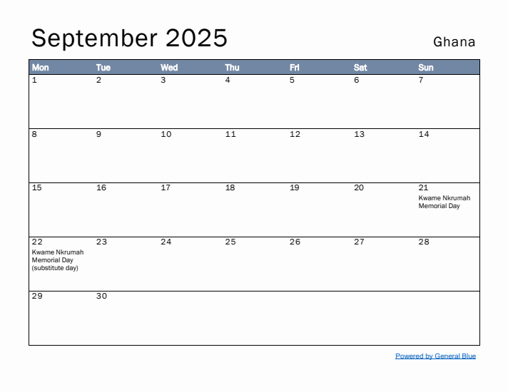 September 2025 Simple Monthly Calendar for Ghana