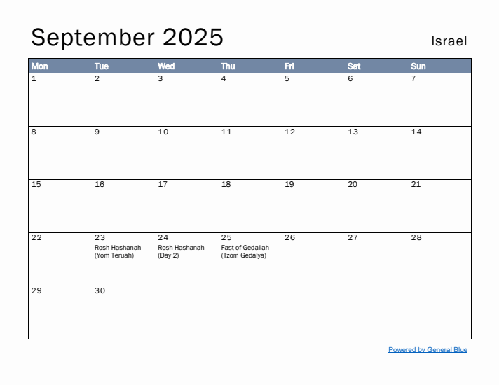 September 2025 Simple Monthly Calendar for Israel