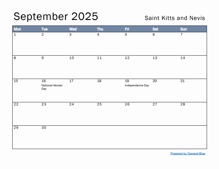 September 2025 Simple Monthly Calendar for Saint Kitts and Nevis