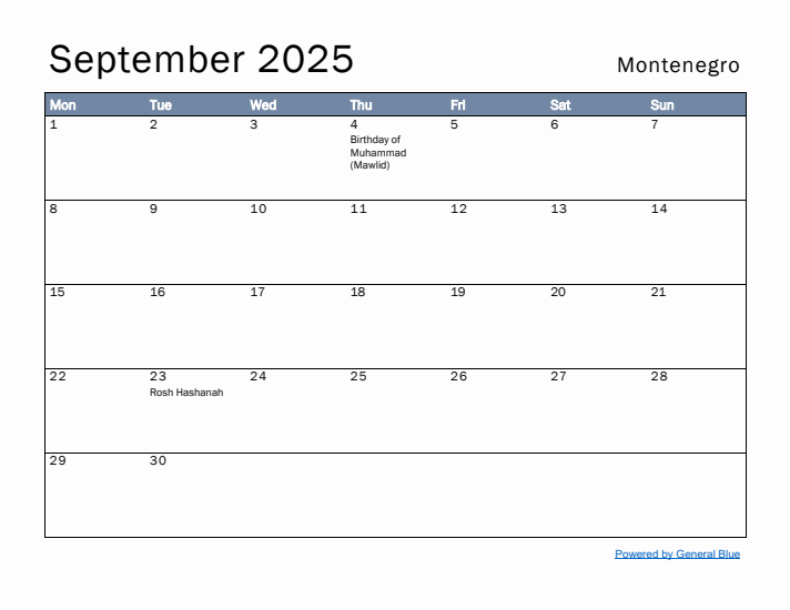 September 2025 Simple Monthly Calendar for Montenegro
