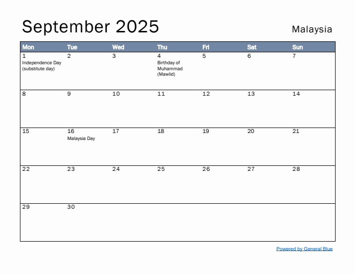 September 2025 Simple Monthly Calendar for Malaysia