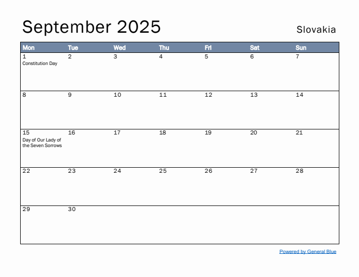 September 2025 Simple Monthly Calendar for Slovakia