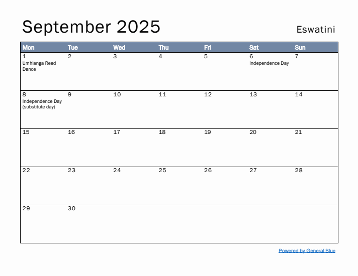 September 2025 Simple Monthly Calendar for Eswatini