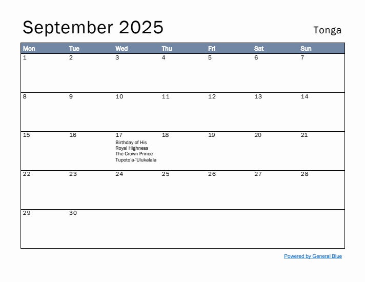 September 2025 Simple Monthly Calendar for Tonga