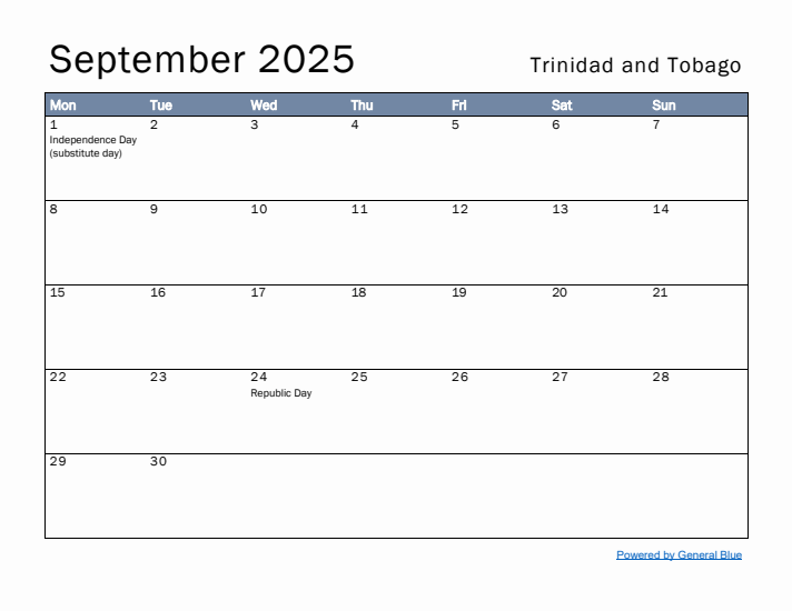 September 2025 Simple Monthly Calendar for Trinidad and Tobago