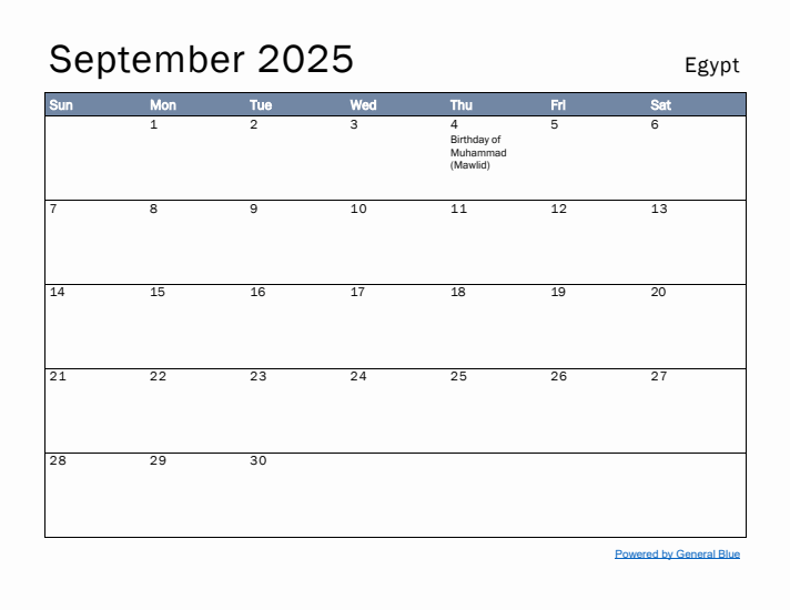 September 2025 Simple Monthly Calendar for Egypt