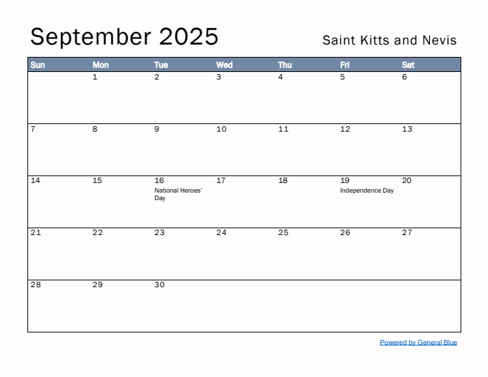 September 2025 Simple Monthly Calendar for Saint Kitts and Nevis