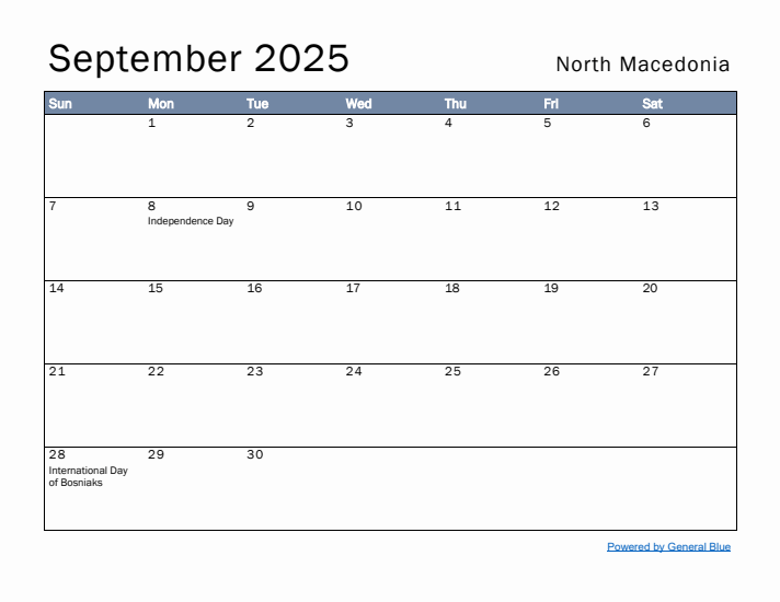 September 2025 Simple Monthly Calendar for North Macedonia