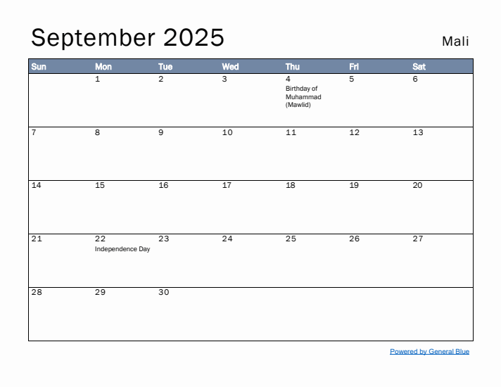 September 2025 Simple Monthly Calendar for Mali