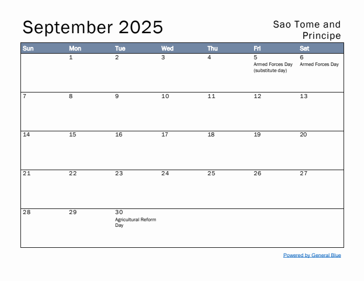 September 2025 Simple Monthly Calendar for Sao Tome and Principe