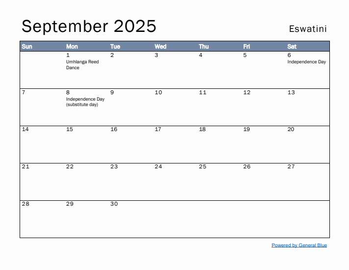 September 2025 Simple Monthly Calendar for Eswatini