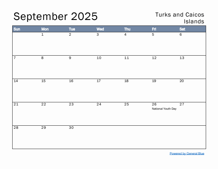 September 2025 Simple Monthly Calendar for Turks and Caicos Islands