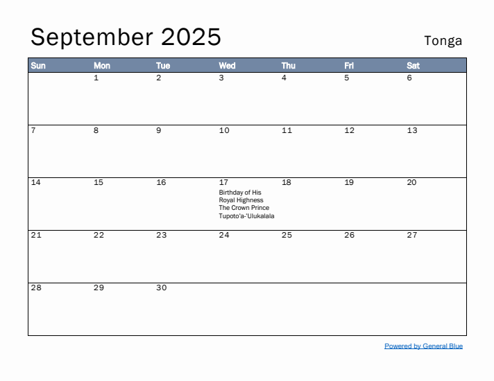 September 2025 Simple Monthly Calendar for Tonga