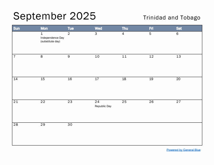 September 2025 Simple Monthly Calendar for Trinidad and Tobago