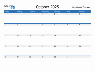 Current month calendar with United Arab Emirates holidays for October 2025